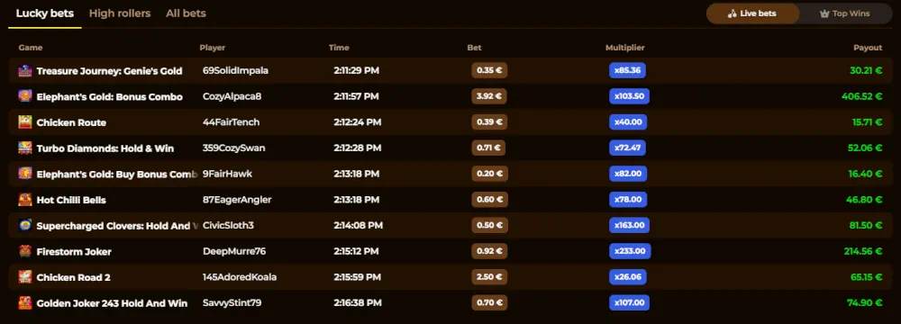 Roll Dorado live lucky bets and recent big win leaderboard.